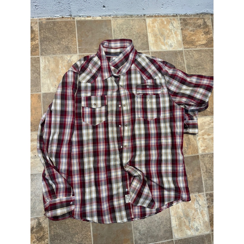 Levis Modern Mens XXL Red White Blue Plaid Western Pearl Snap Shirt Long Sleeve